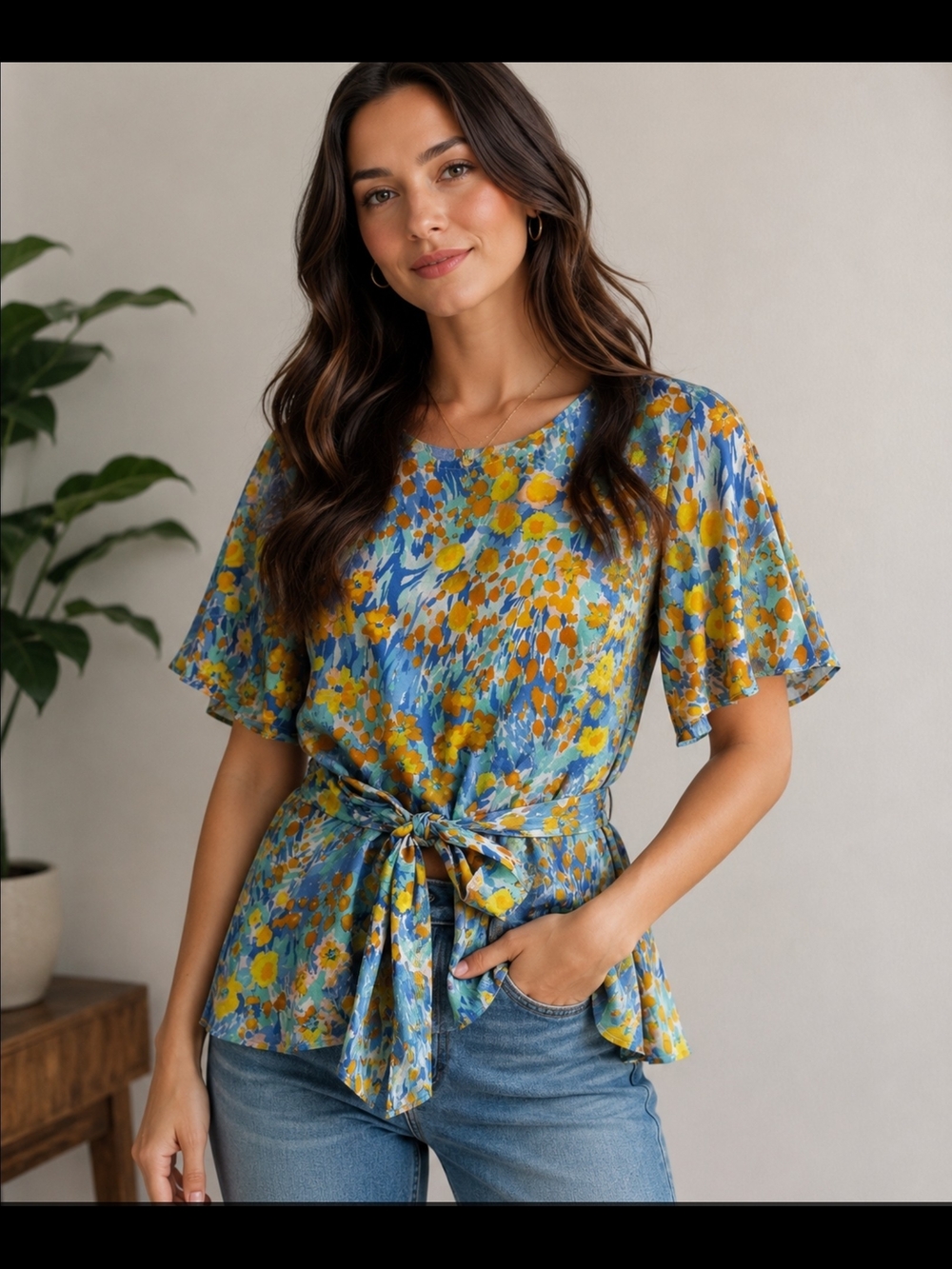 J.McLaughlin Floral Tie Waist Linen Blend Blouse Feminine Vacation